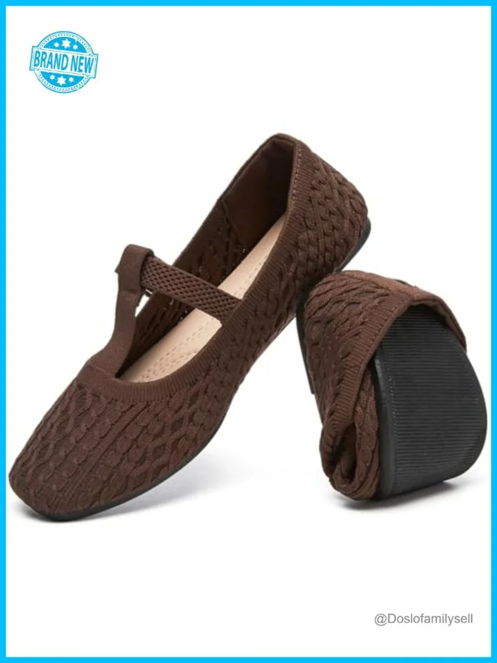 Women's Knitted Mary Jane Flats Square Toe Slip On Comfort Walking Shoes